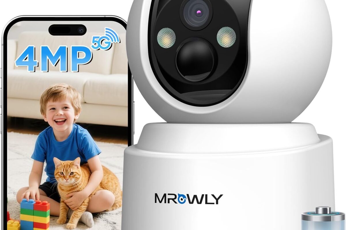 4MP 2.5K Telecamera WiFi Interno Senza Fili con Batteria 6000mAh, 360° Rotazione, 2.4G/5G WiFi, PIR Rilevamento Movimento, Visione Notturna a Colori, Audio Bidirezionale